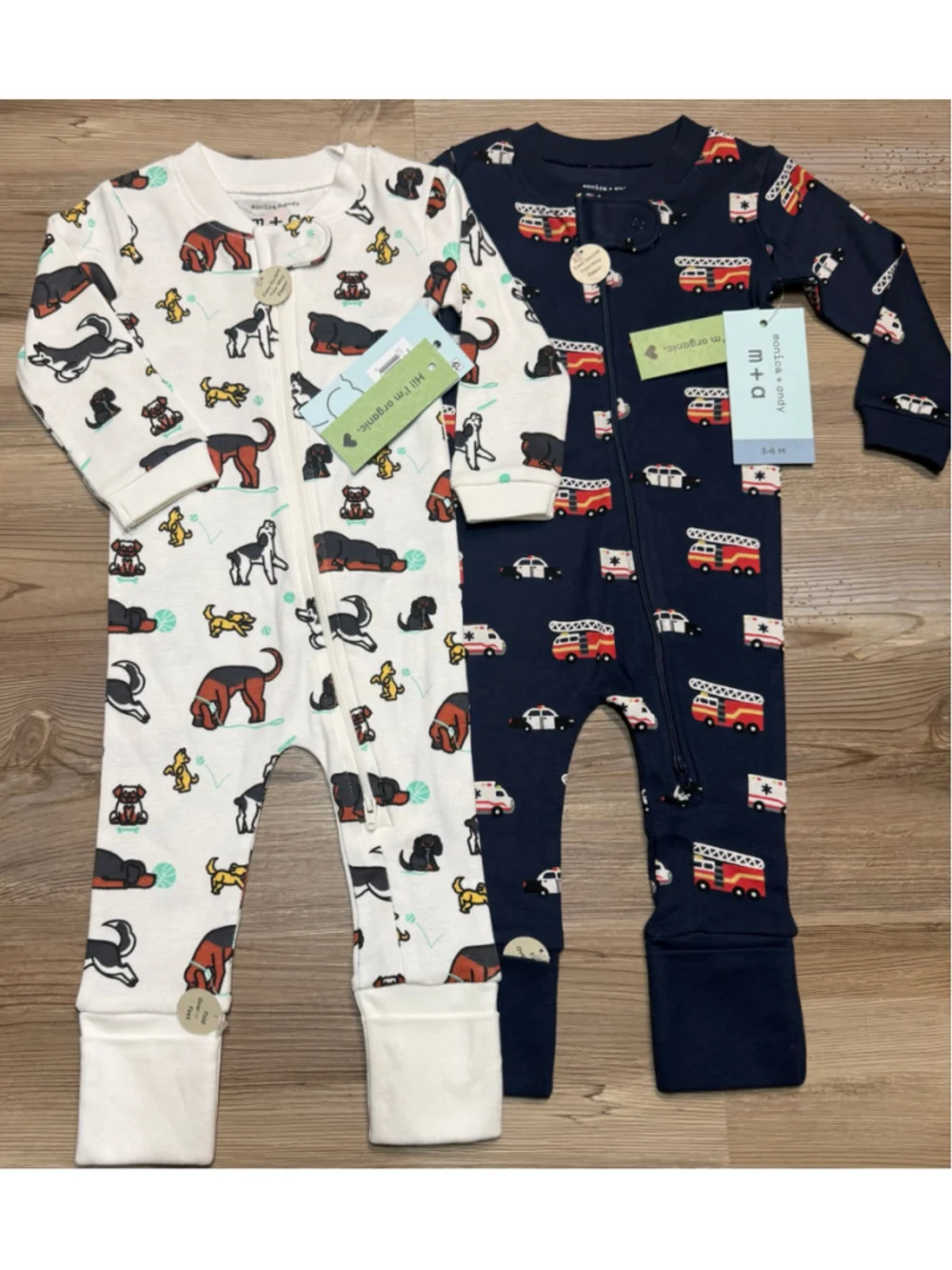 Monica + Andy Baby Footies 3-6 Months White Navy Blue Dog Fire Truck Set